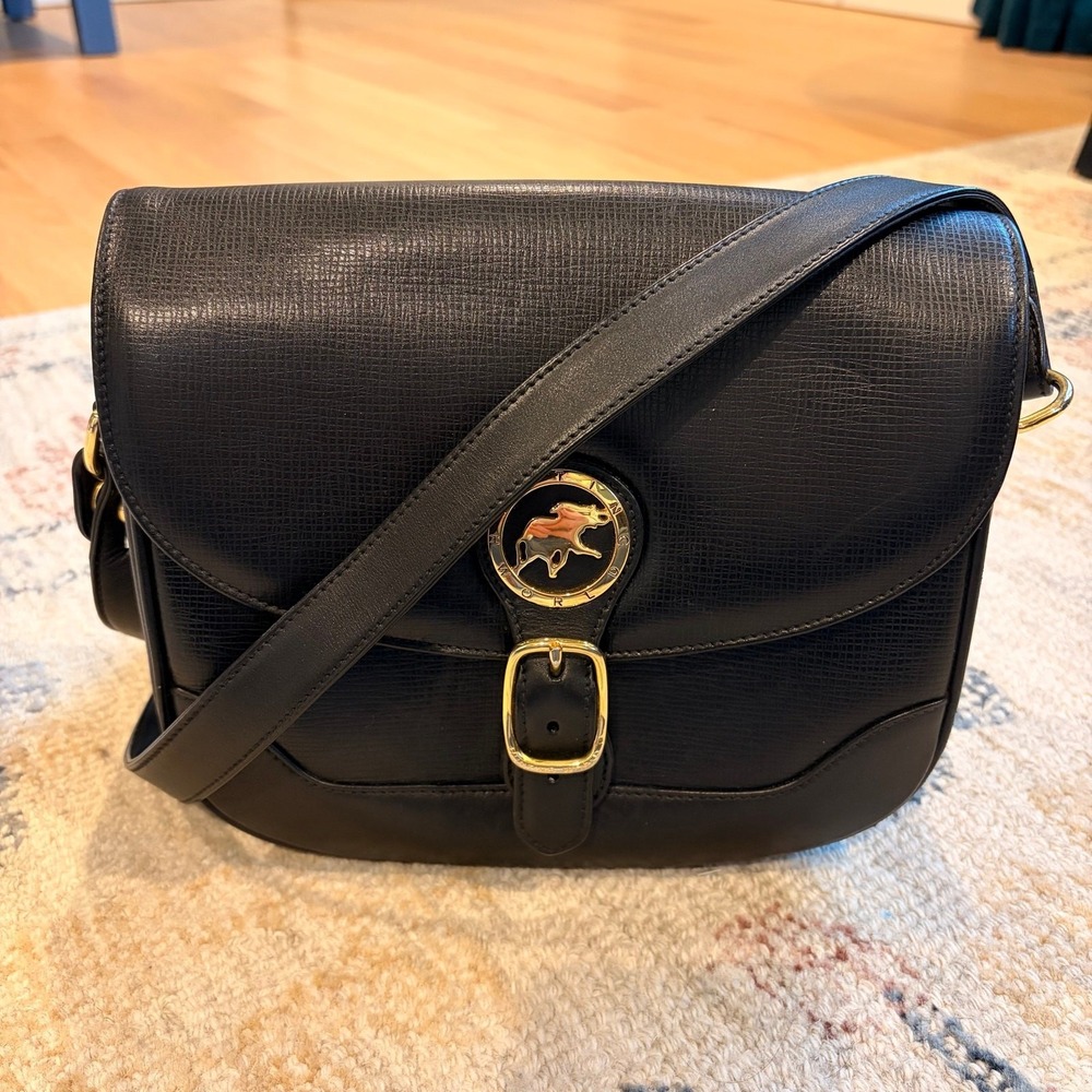 Vintage Hunting World Black Leather Crossbody Saddle Bag Old Money Dark Academia